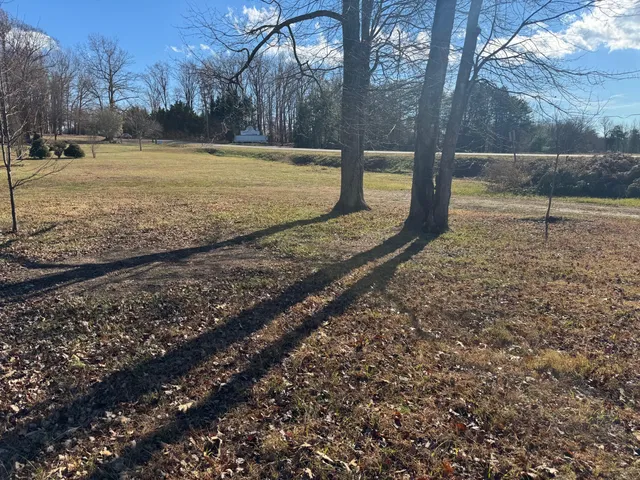 a view of a yard with wooden fence