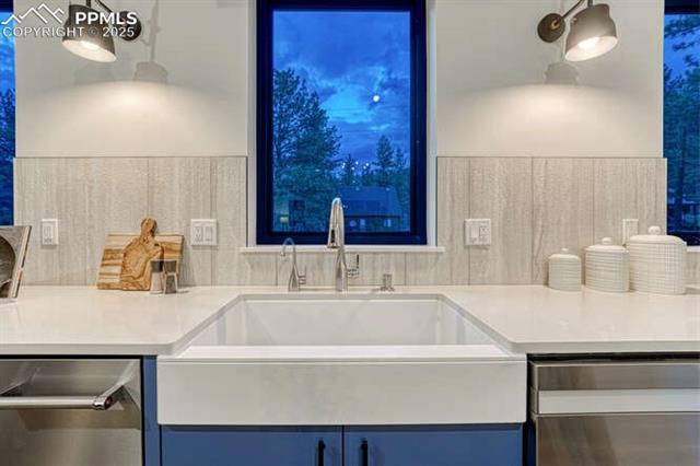 1282 South Crystal Road Lake George, CO 80827 - Photo 15 of 19 Kitchen with stainless steel dishwasher, blue cabinetry, and light countertops