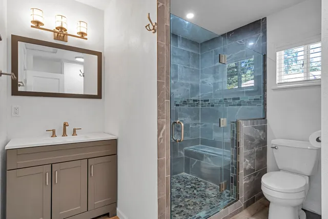 a bathroom with a granite countertop toilet a sink a mirror and shower
