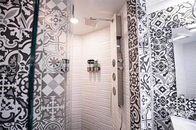 a bathroom with a shower curtain