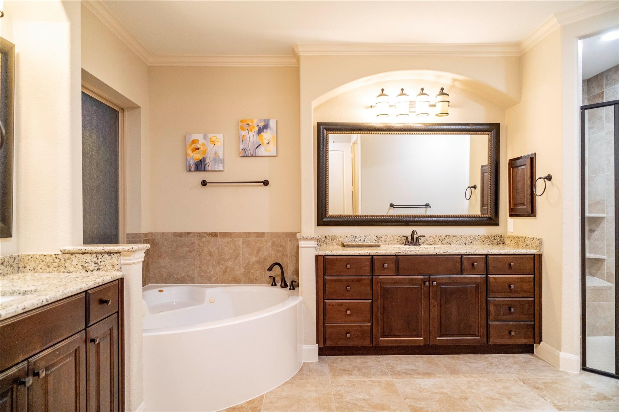 2727 Richmond Ridge Lane Katy, TX 77494 - Photo 40 of 50 a bathroom with a granite countertop sink mirror and a bathtub