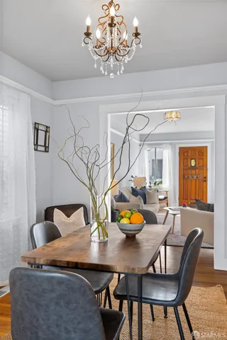 a view of a dining room with furniture window and outside view