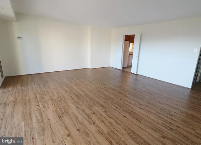 a view of empty room with wooden floor