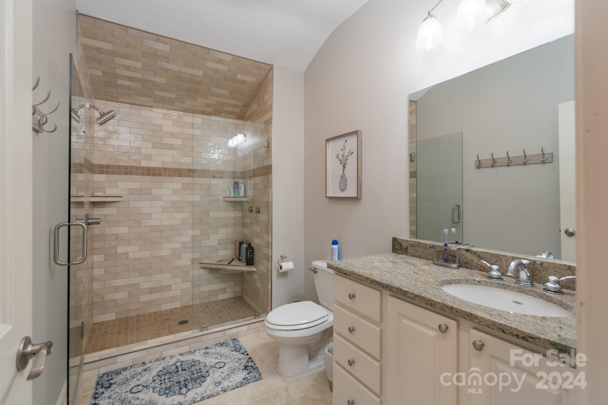 638 Deerfield Road Mount Gilead, NC 27306 - Photo 22 of 48 a bathroom with a granite countertop sink toilet and shower