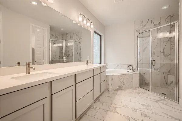 a bathroom with a double vanity sink mirror double shower and a bathtub