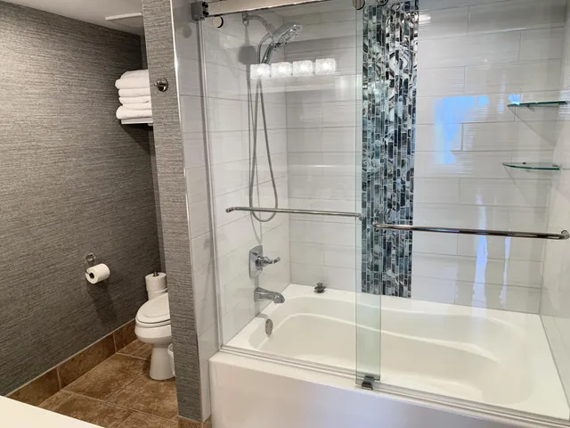 a bathroom with a bathtub and a toilet
