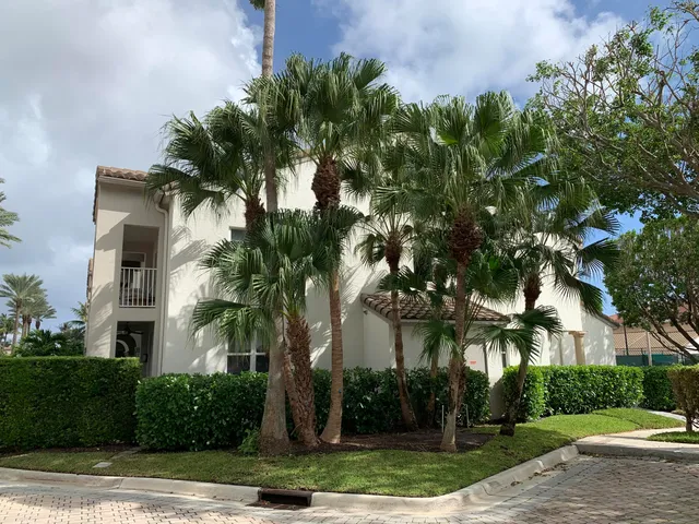 a front view of a house with a yard and palm trees