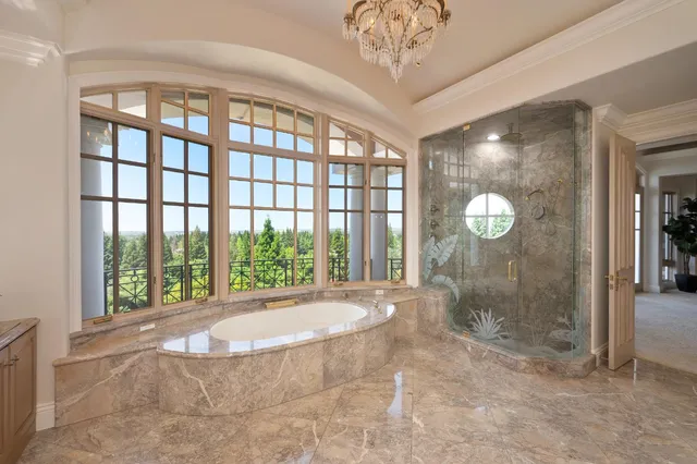 a bathroom with a granite countertop sink a mirror and shower