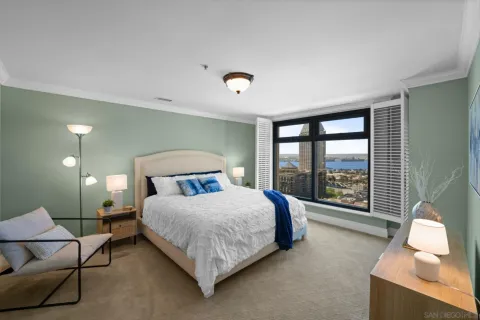 a view of a room with a large window