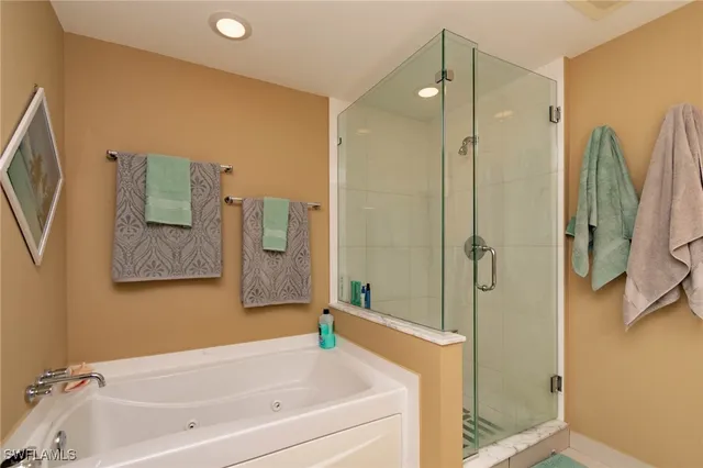 a bathroom with a bathtub and a shower