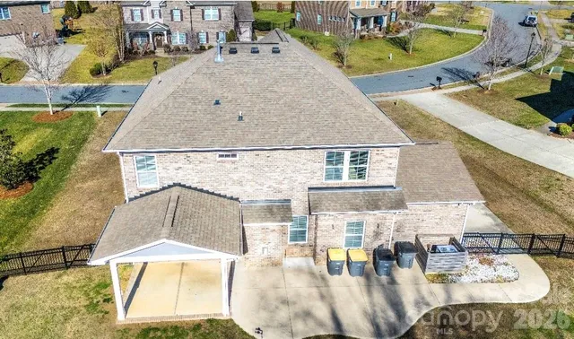 an aerial view of a swimming pool