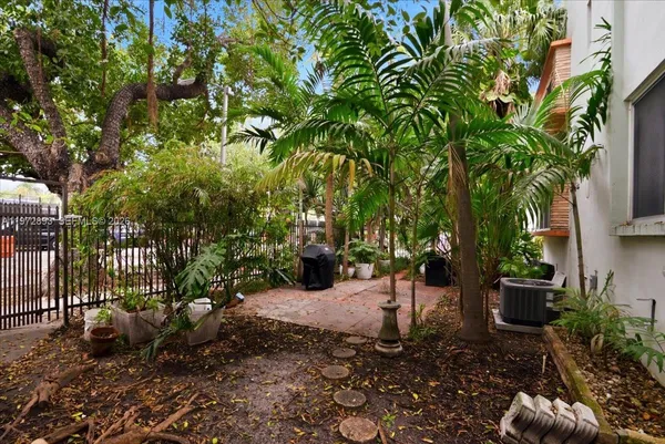 a view of a garden with plants and large trees