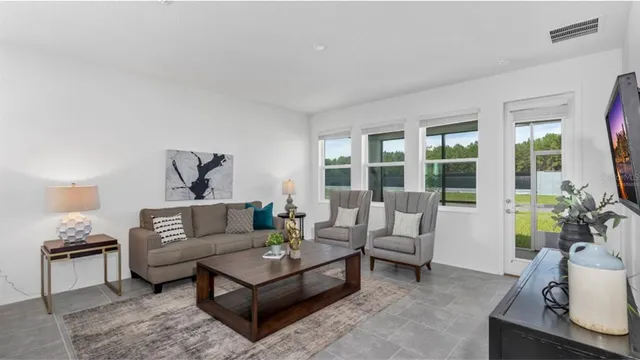 a living room with furniture and a potted plant