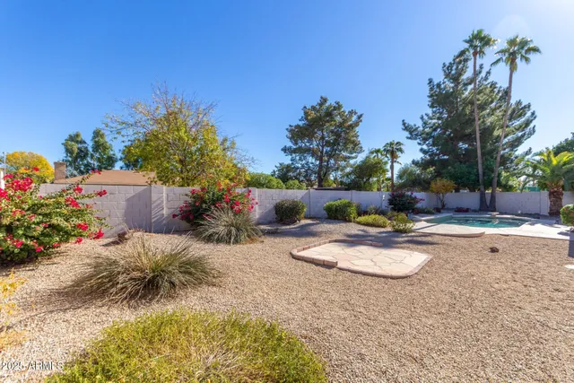 a view of a backyard with plants and a patio