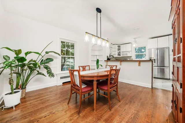 a dining room with furniture potted plants and wooden floor