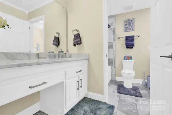 a bathroom with a granite countertop toilet sink and mirror