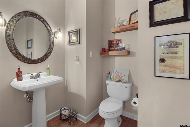 a bathroom with a sink mirror and toilet