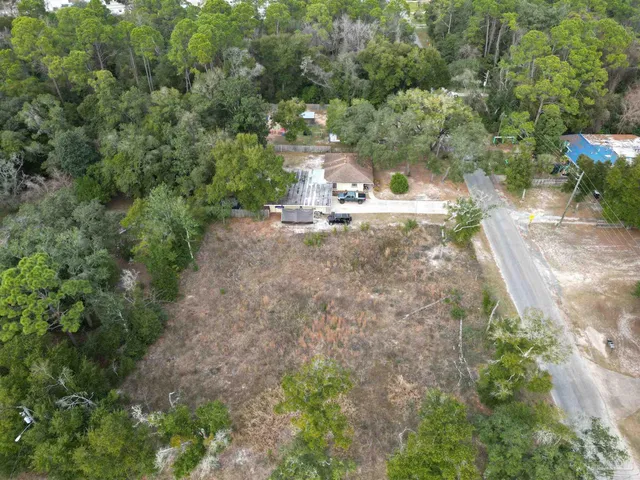 an aerial view of residential house with outdoor space and trees