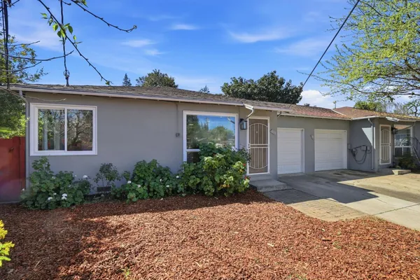 a front view of a house with a yard and potted plants