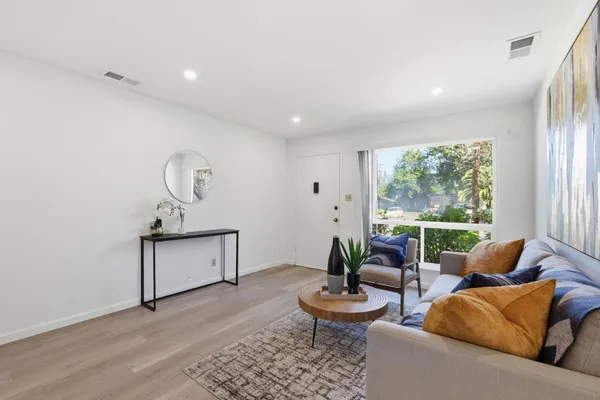 a living room with furniture and a potted plant