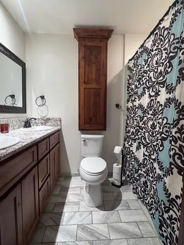 a bathroom with a sink toilet and mirror