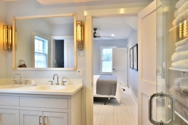 a view of fireplace and mirror