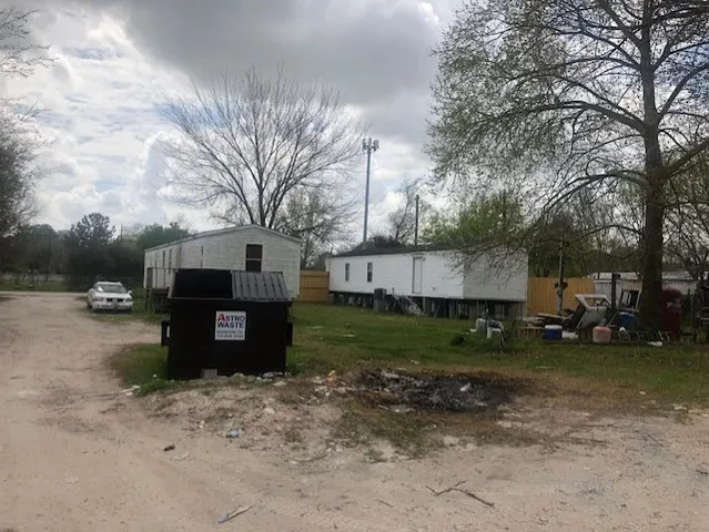 a view of a backyard with large trees