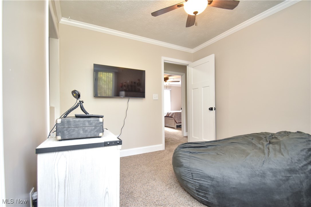 631 Carson Salt Springs Road Warren, OH 44481 - Photo 28 of 39 Carpeted bedroom featuring ceiling fan, crown molding, and a textured ceiling