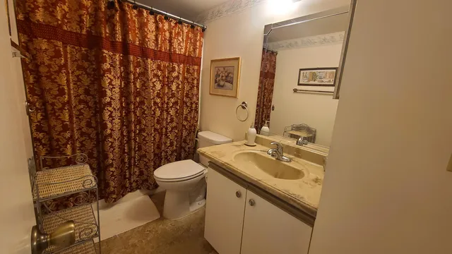 a bathroom with a granite countertop sink and a toilet