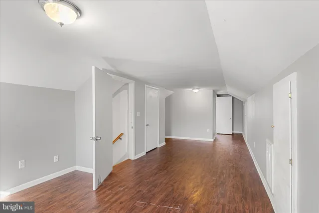 a view of a hallway with wooden floor and closet