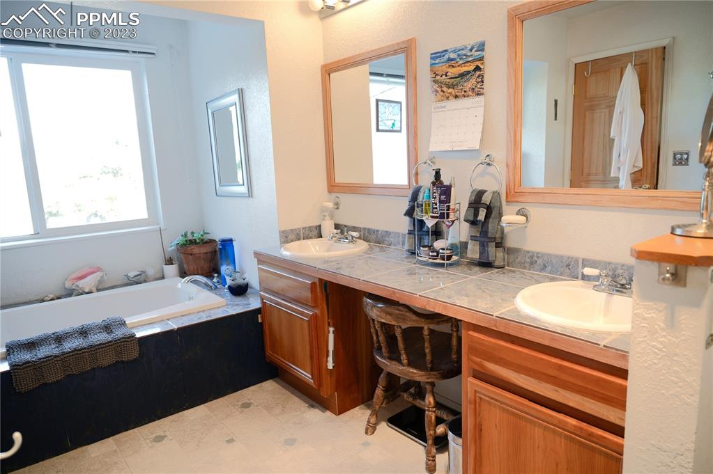 3370 Schieffelin Road Fort Garland, CO 81133 - Photo 26 of 46 a bathroom with a double vanity sink bathtub and next to a window