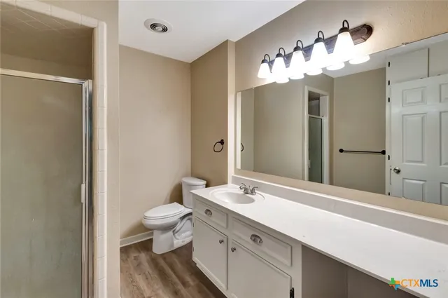 a bathroom with a sink vanity mirror and toilet