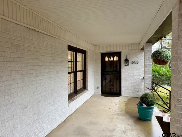 a view of a entryway door with potted plants