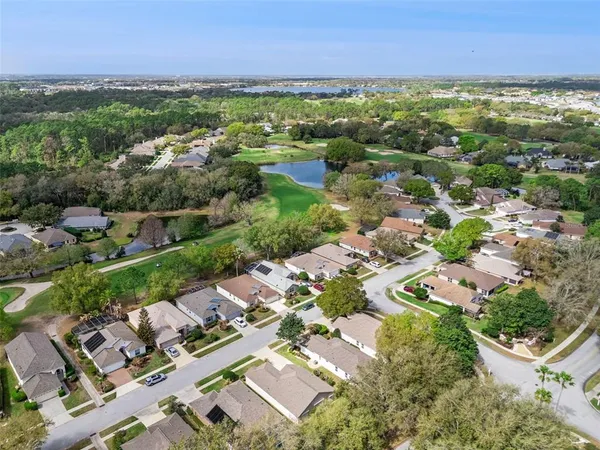 an aerial view of residential houses with outdoor space and ocean view