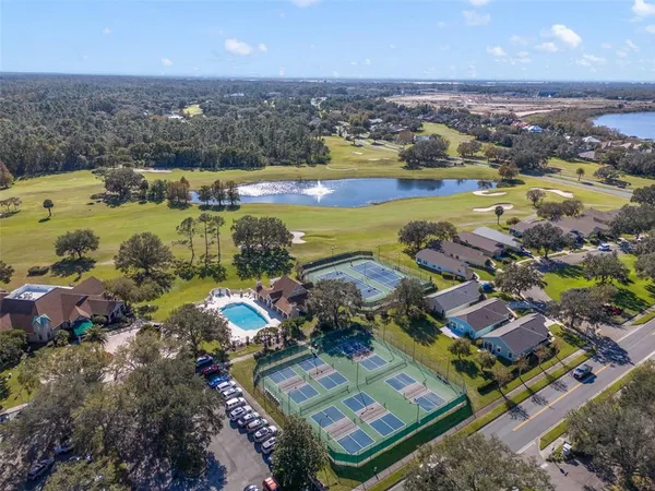 an aerial view of residential houses with outdoor space and swimming pool