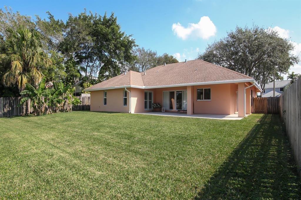 a view of a yard in front of a house with plants and large tree