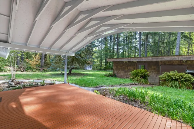 a view of a yard with plants and garden