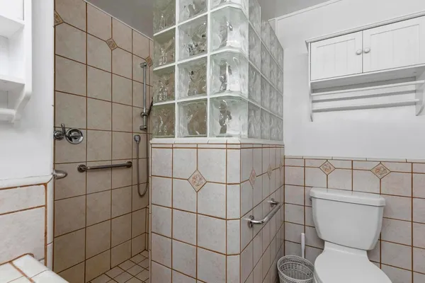 a bathroom with a toilet and a shower