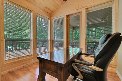 a view of a balcony with a large window