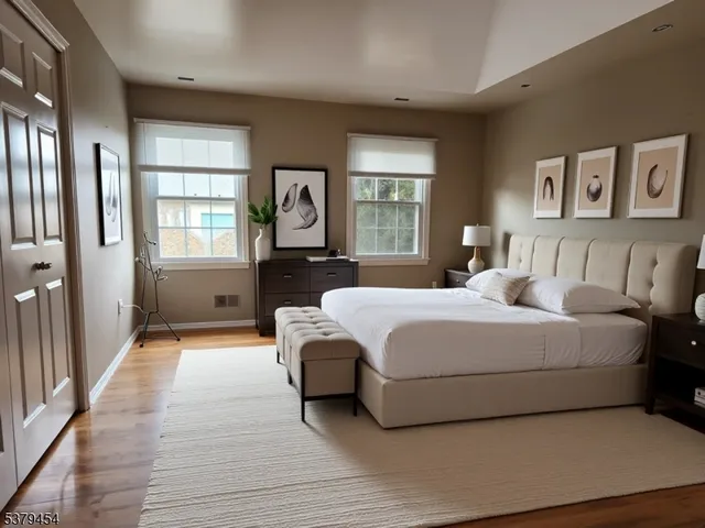 a spacious bedroom with a bed and a large window
