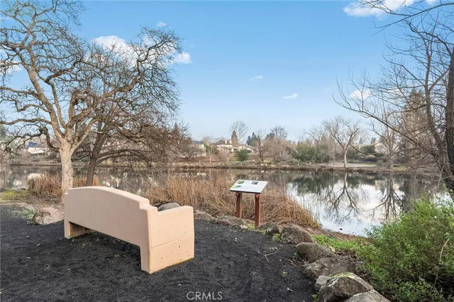 a view of a lake with couches and trees