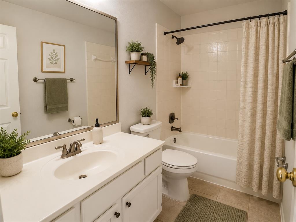5708 Rickshaw Lane Plano, TX 75094 - Photo 25 of 28 Bathroom featuring a white vanity with an integrated sink, brushed nickel faucet, and a large wall-mounted mirror