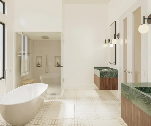 a spacious bathroom with a tub shower and sink
