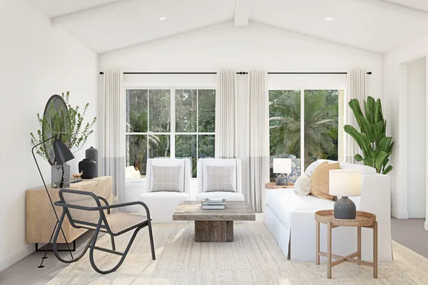 a living room with furniture a rug potted plant and a large window