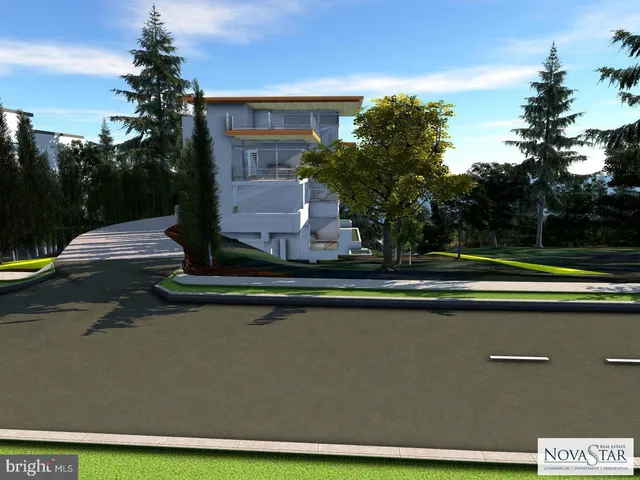 a front view of a house with swimming pool and lake view