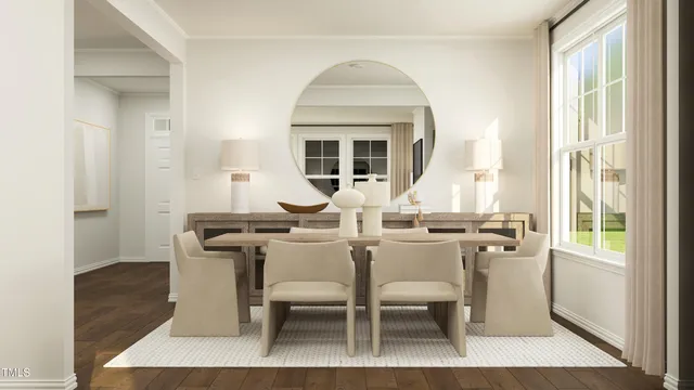 a view of a dining room with furniture and a window