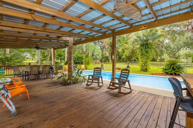 a view of a swimming pool with a patio