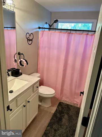 a bathroom with a sink a toilet and shower curtain