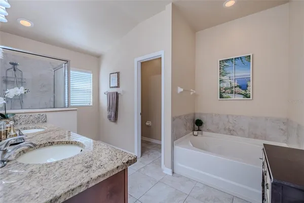 a bathroom with a granite countertop tub sink and mirror