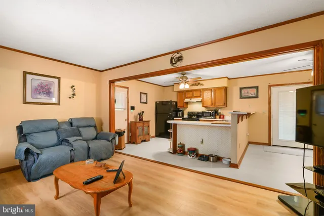 a living room with furniture and kitchen view